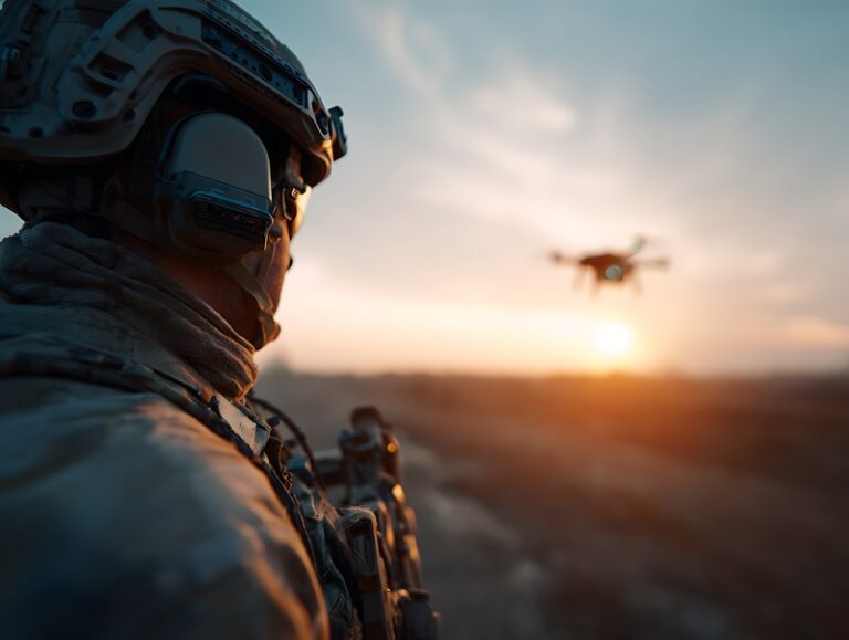 Soldier in tactical gear watching a drone at sunset. Symbolizing modern electronic warfare, aerial reconnaissance, technological edge, and the future of defense systems.